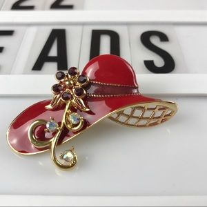 Vintage Avon Red Hat Floral Enamel Brooch EUC